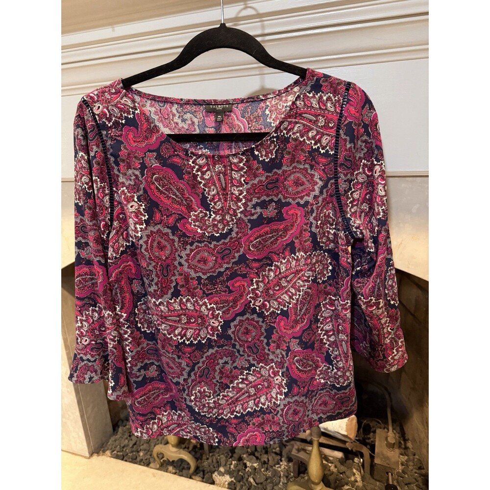 Talbots Pink Purple Paisley Tulip 3/4 Sleeve Blouse Top Petite Medium MP